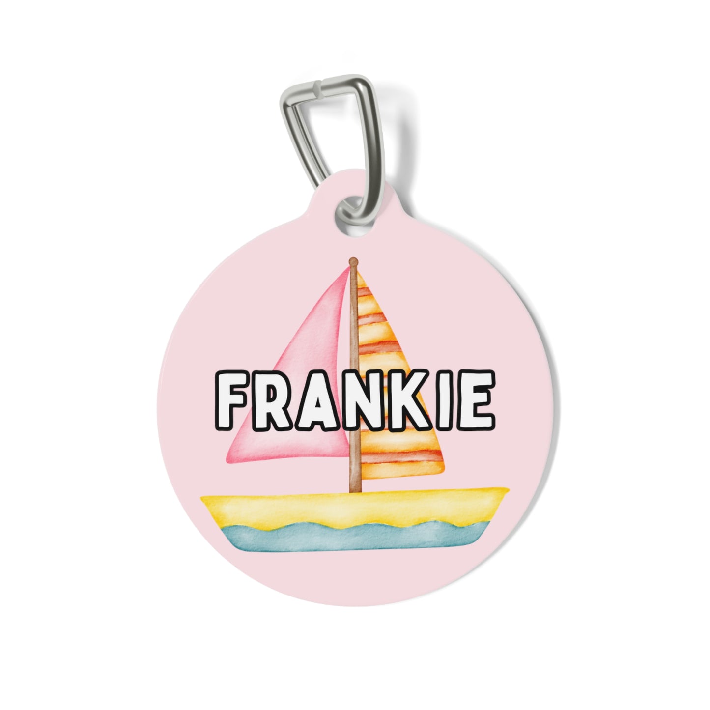 Customizable pink pet tag featuring pink sailboats, green palm trees, and your pet’s name, with a durable metal construction and clip by My Doxie Depot