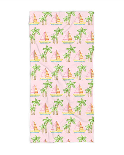 Customizable seafoam beach towel featuring pink sailboats, green palm trees, and your pet’s face with 'Stay Wild,' available in regular and oversized sizes.