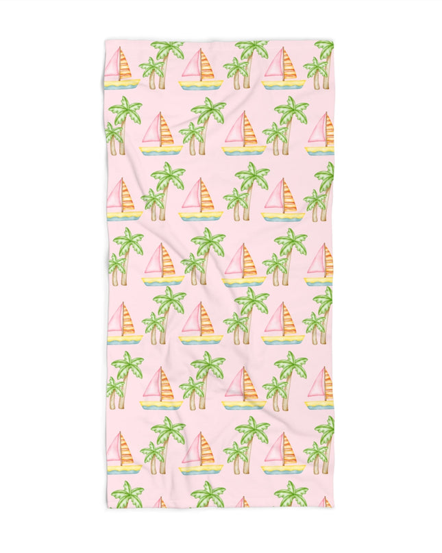 Customizable seafoam beach towel featuring pink sailboats, green palm trees, and your pet’s face with 'Stay Wild,' available in regular and oversized sizes.