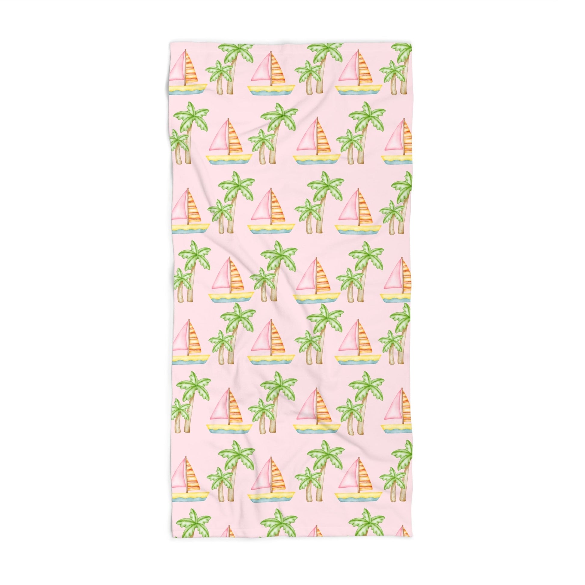 Customizable seafoam beach towel featuring pink sailboats, green palm trees, and your pet’s face with 'Stay Wild,' available in regular and oversized sizes.