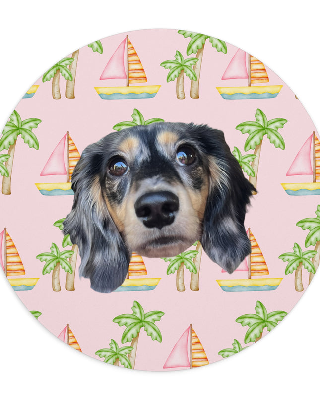Pink mouse pad with pink sailboats and green palm trees, personalized with a simple portrait of your pet's face by My Doxie Depot