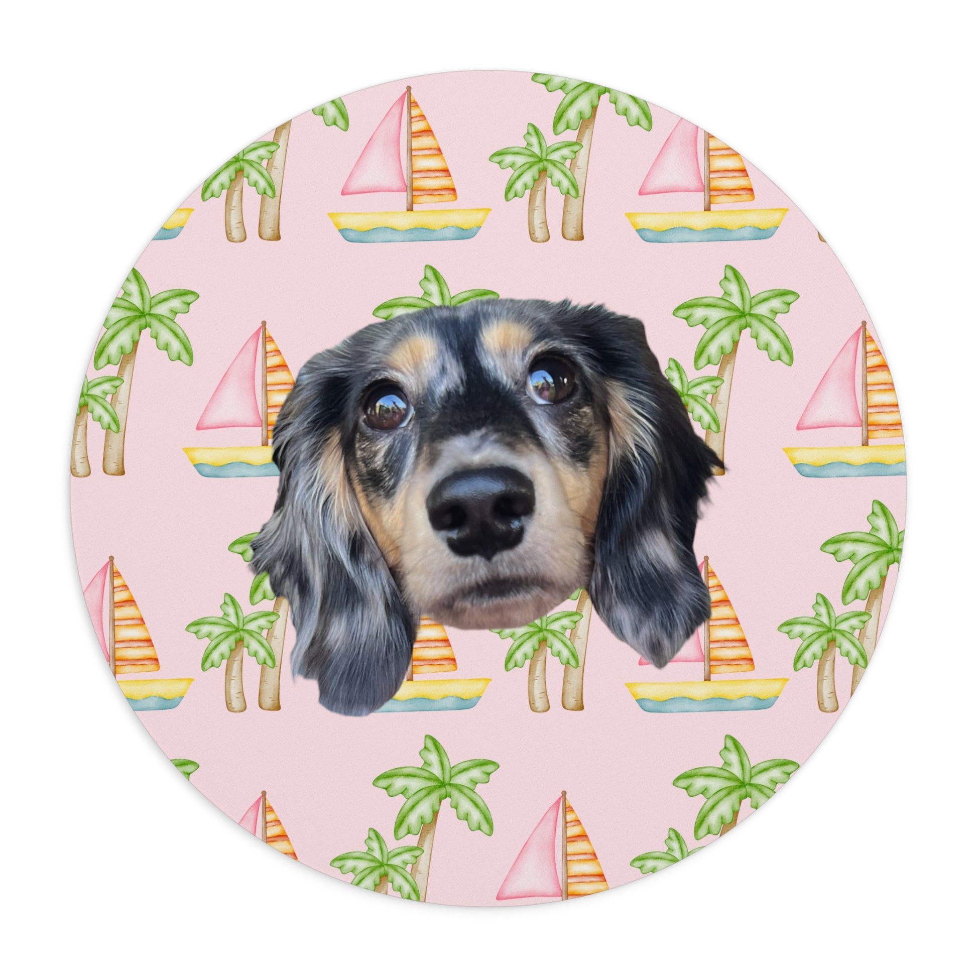 Pink mouse pad with pink sailboats and green palm trees, personalized with a simple portrait of your pet's face by My Doxie Depot