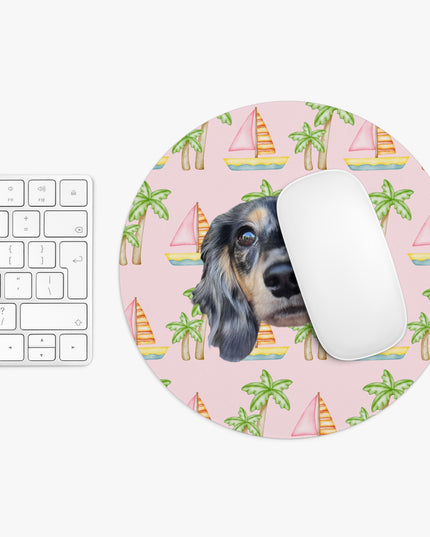 Pink mouse pad with pink sailboats and green palm trees, personalized with a simple portrait of your pet's face by My Doxie Depot