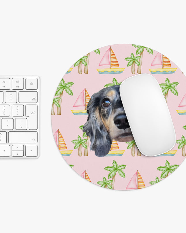 Pink mouse pad with pink sailboats and green palm trees, personalized with a simple portrait of your pet's face by My Doxie Depot