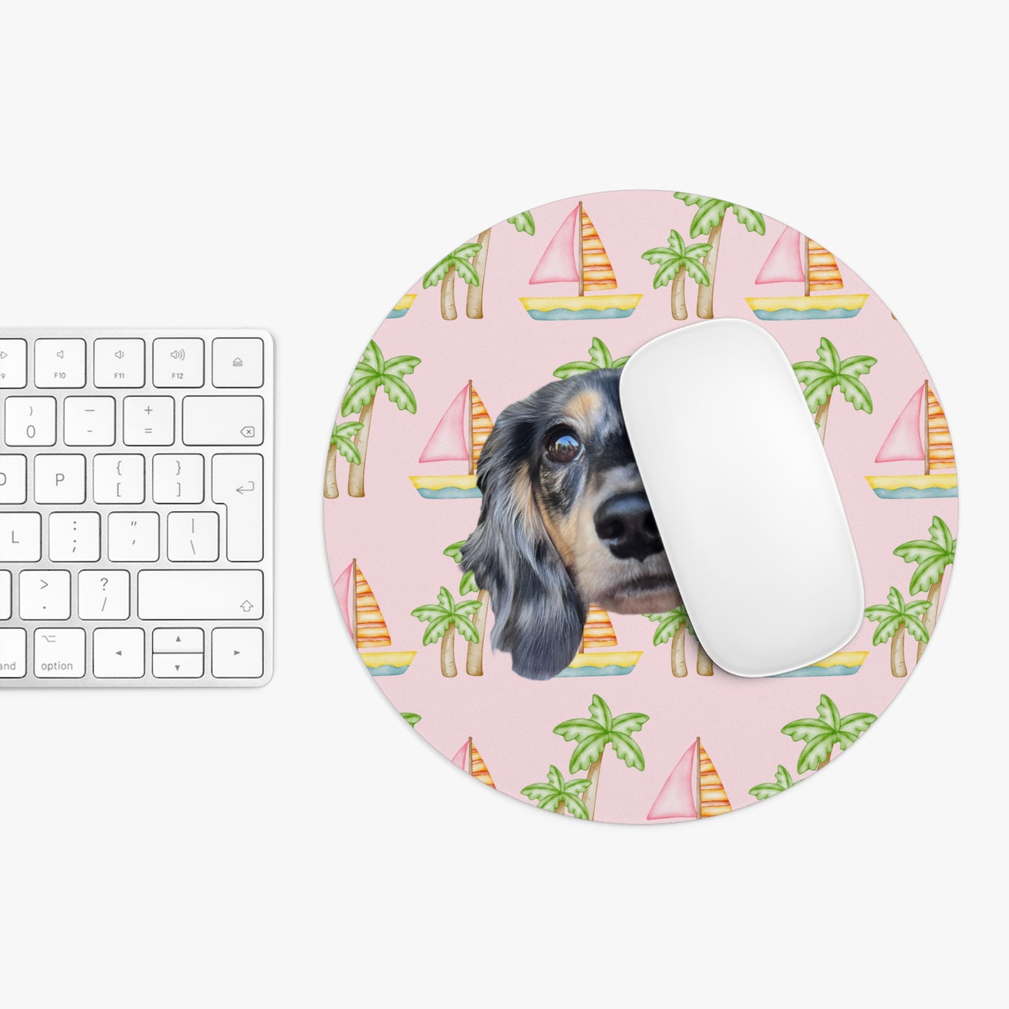 Pink mouse pad with pink sailboats and green palm trees, personalized with a simple portrait of your pet's face by My Doxie Depot