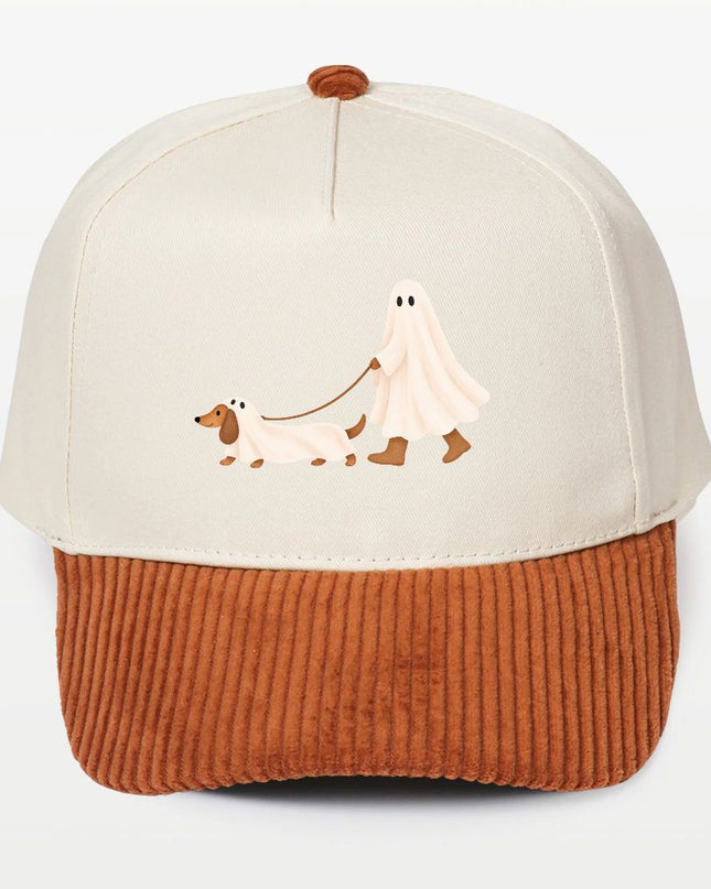 Ghost Walking A Dachshund Halloween Corduroy Brim 5 Panel Baseball Cap