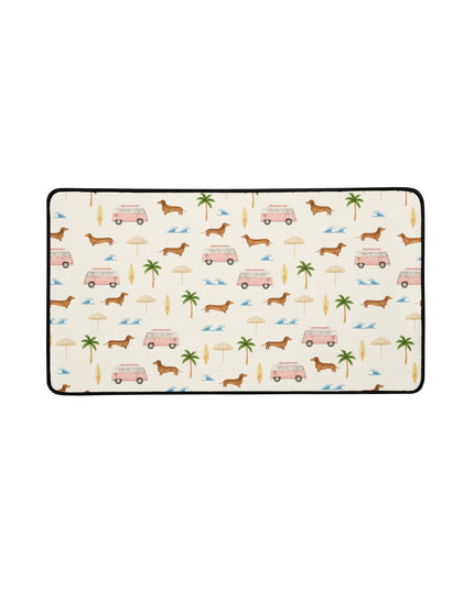 Wiener dog desk mat with palm trees and surf vans in 12x22 inches
