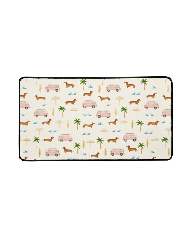 Wiener dog desk mat with palm trees and surf vans in 12x22 inches