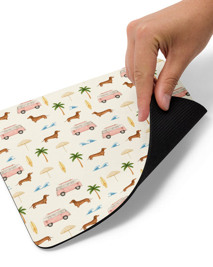 Close-up of Beach Cruisin’ Wiener Dog mouse pad showing soft fabric texture and rounded edges
