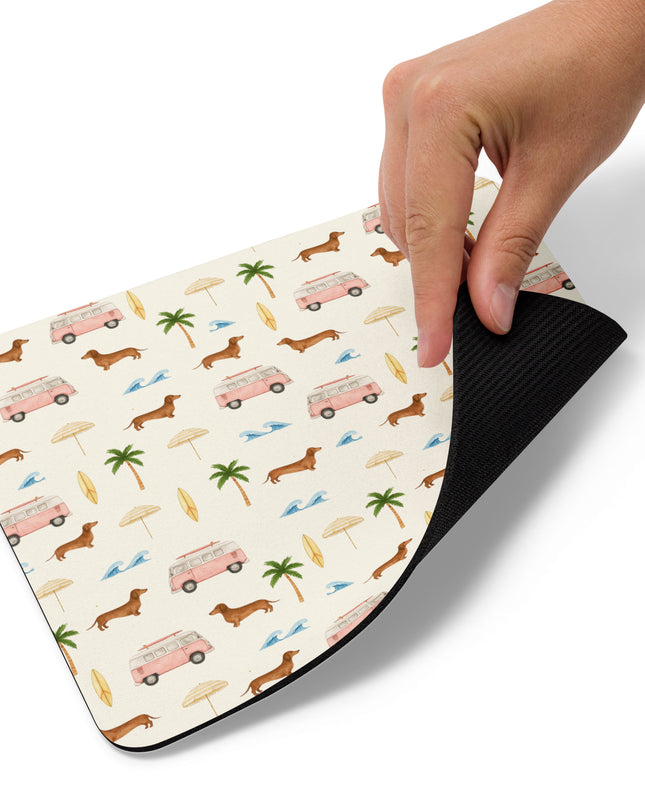 Close-up of Beach Cruisin’ Wiener Dog mouse pad showing soft fabric texture and rounded edges