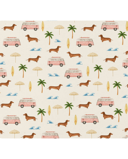 Coastal dachshund mouse pad with pink vans, sausage dogs, palm trees, and waves on smooth polyester surface