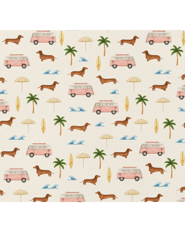 Coastal dachshund mouse pad with pink vans, sausage dogs, palm trees, and waves on smooth polyester surface