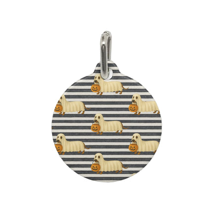 Halloween dachshund pet tag with ghost wiener dog and pumpkin print, Boo Crew Wiener Dog Edition.