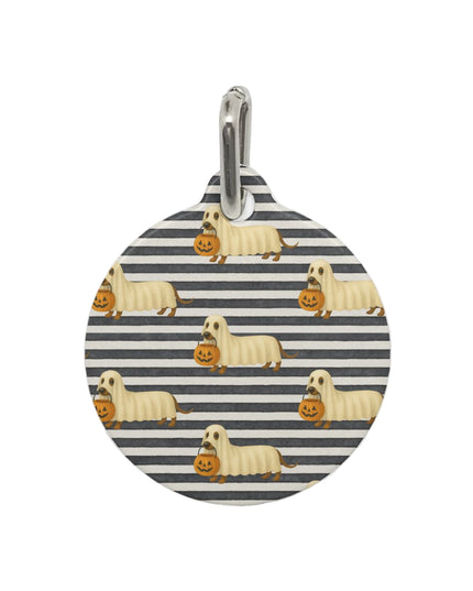 Halloween dachshund pet tag with ghost wiener dog and pumpkin print, Boo Crew Wiener Dog Edition.