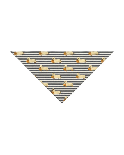 Tie-on Halloween dog bandana with dachshund ghost and pumpkin print on striped background.