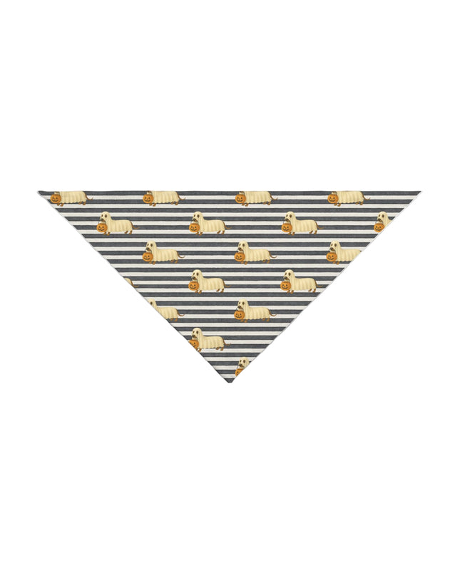 Tie-on Halloween dog bandana with dachshund ghost and pumpkin print on striped background.