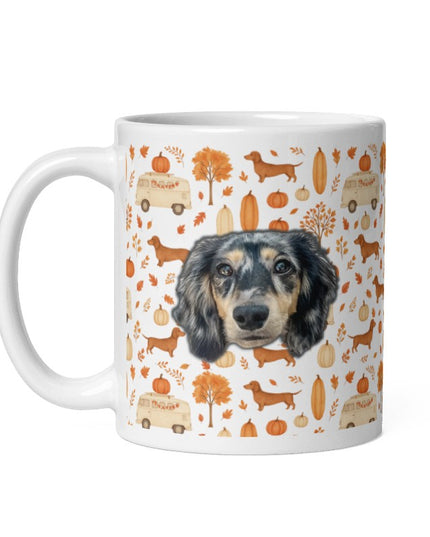 White Glossy Mug - Dachshund Harvest Road Trip – Fall Festival Print