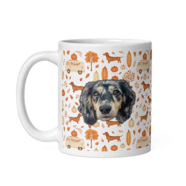White Glossy Mug - Dachshund Harvest Road Trip – Fall Festival Print