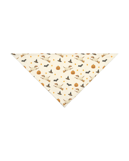 Halloween-themed bandana with pumpkins, ghosts, and cats on a beige background
