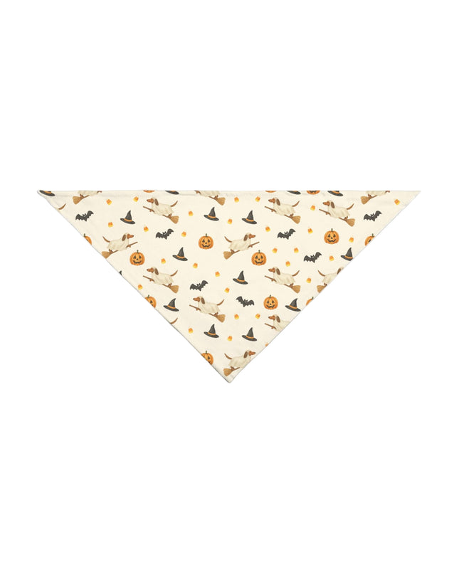 Halloween-themed bandana with pumpkins, ghosts, and cats on a beige background