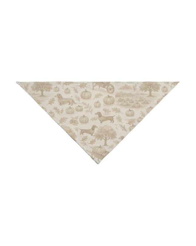 Triangle-shaped fabric with a pattern of dachshunds and trees on a white background