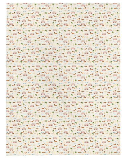 Full vertical layout of dachshund and beach-themed throw blanket print