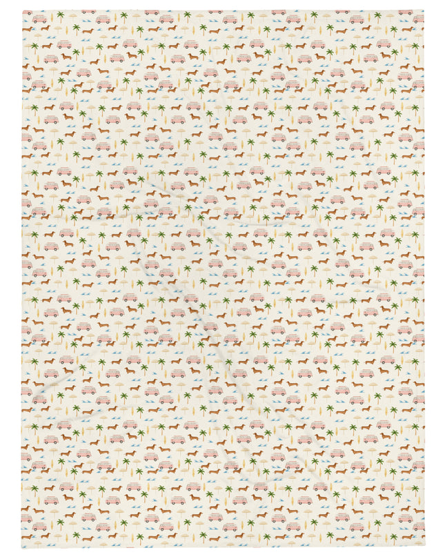 Full vertical layout of dachshund and beach-themed throw blanket print