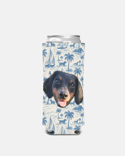 Coastal dachshund can cooler with custom dog face and nautical toile print