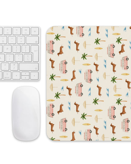 Dachshund mouse pad styled on desk with keyboard and coffee cup, featuring tropical ween print