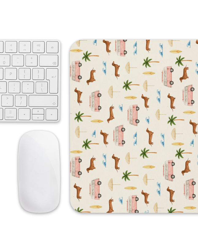 Dachshund mouse pad styled on desk with keyboard and coffee cup, featuring tropical ween print