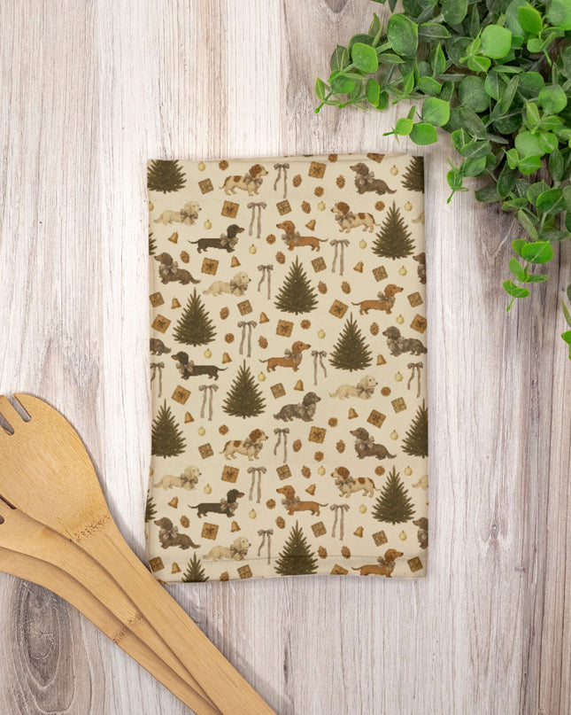 Hostess Towel - Rustic Dachshund Coquette Christmas