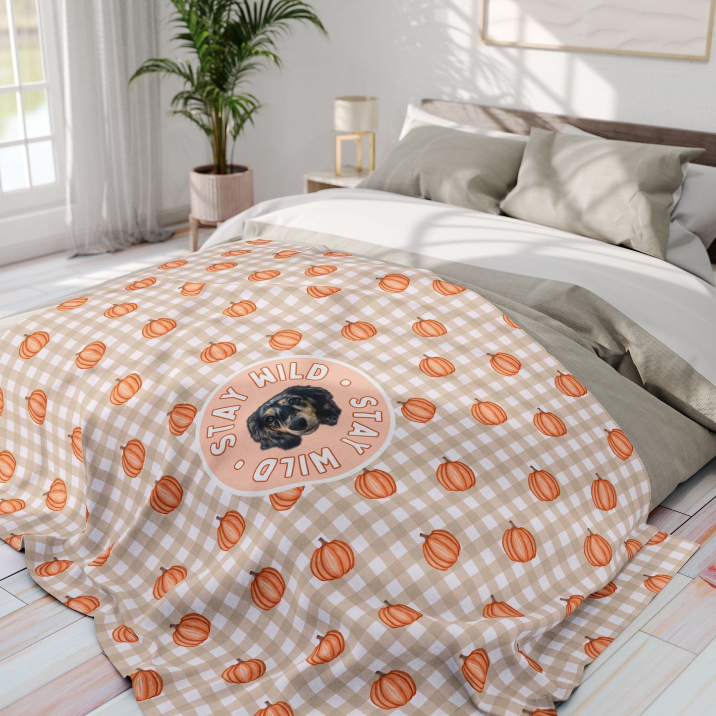 Taupe Gingham Pumpkin Party Custom Blanket