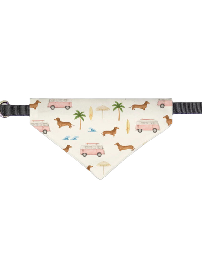Dachshund on-collar bandana with pink vans, palm trees, and beachy sausage dog pattern