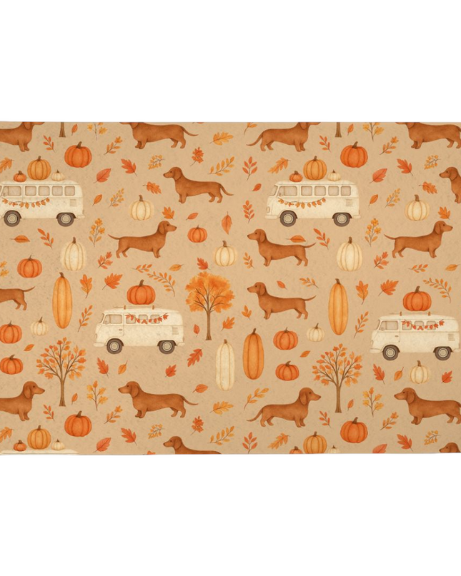 Autumn dachshund feeding mat with wiener dogs, pumpkins, fall leaves, and cozy camper vans