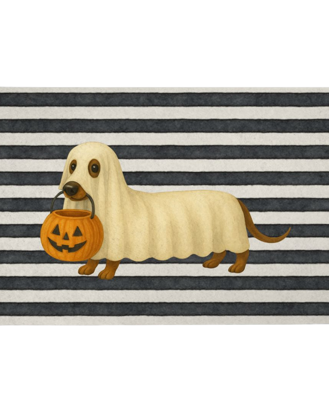 Sausage dog feeding mat with ghost dachshund in Halloween costume on black and white stripe background