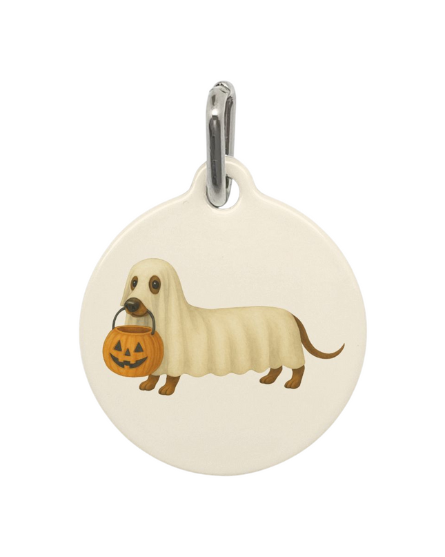 Halloween dachshund dog tag with long-haired dachshund ghost holding pumpkin trick-or-treat pail