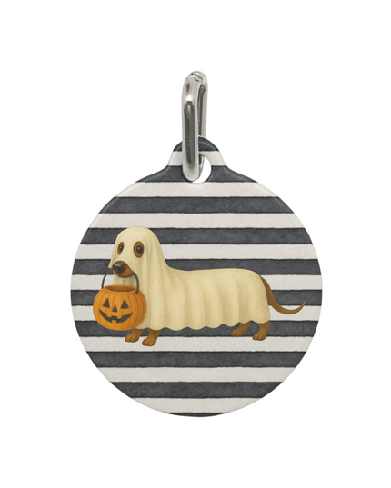 Halloween dachshund dog tag with ghost sausage dog on black and white stripes, spooky fall accessory