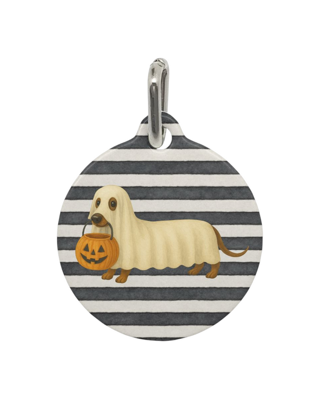 Halloween dachshund dog tag with ghost sausage dog on black and white stripes, spooky fall accessory
