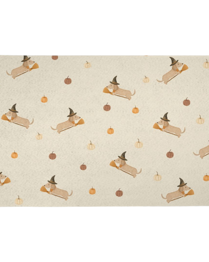 Halloween dachshund feeding mat with wiener dog in witch hat and pumpkins, perfect fall dog lover gift