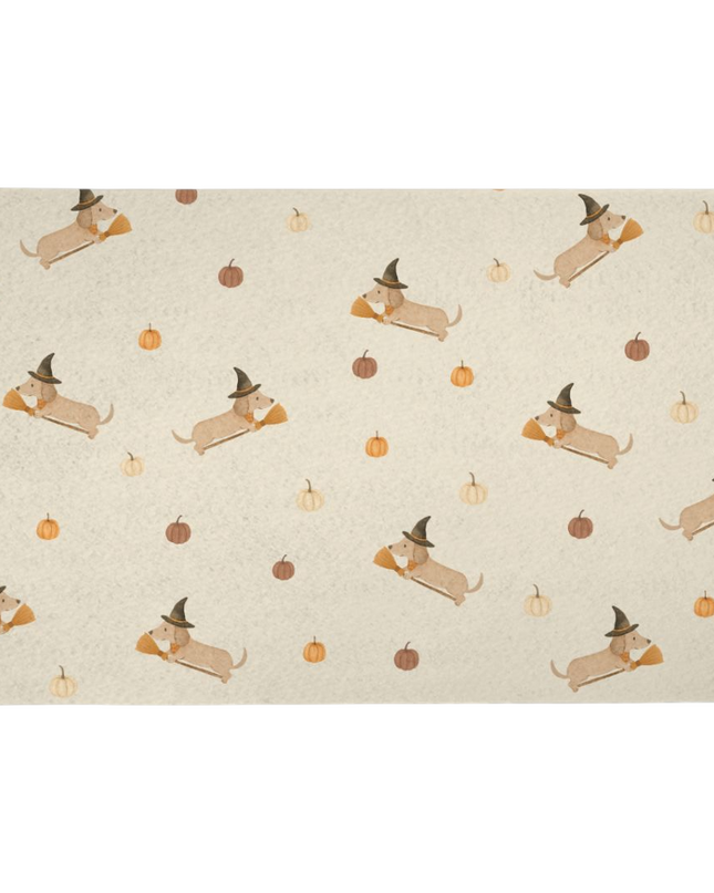Halloween dachshund feeding mat with wiener dog in witch hat and pumpkins, perfect fall dog lover gift