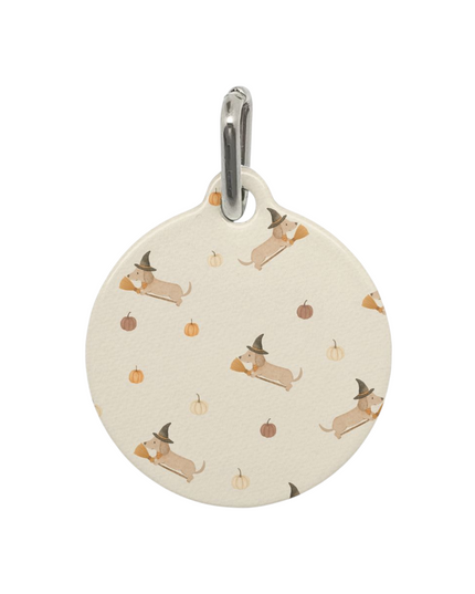 Halloween dachshund dog tag with sausage dog in witch hat and pumpkins, cute fall dachshund gift