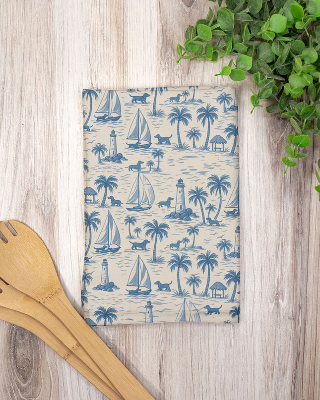 Blue and white dachshund tea towel with lighthouses and sailboats

