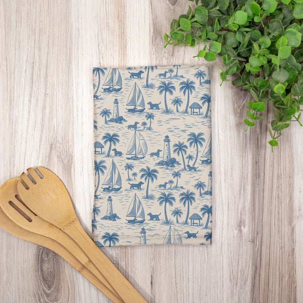 Blue and white dachshund tea towel with lighthouses and sailboats

