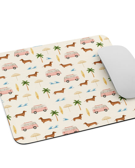 Mouse resting on dachshund print mouse pad with anti-slip rubber backing and beach-themed design