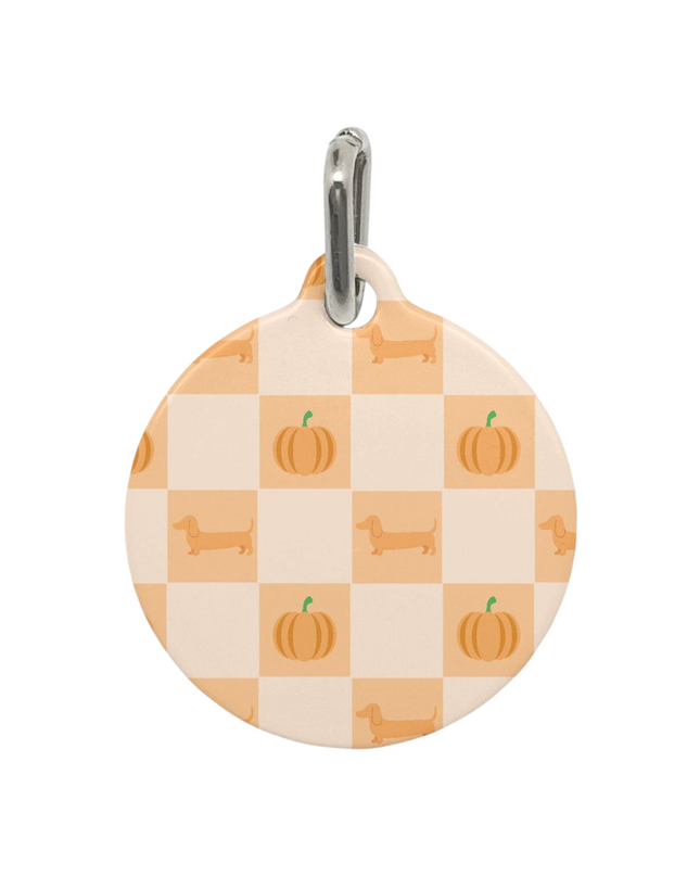 Fall dachshund dog tag with pumpkin checkerboard pattern and sausage dogs, autumn doxie lover gift