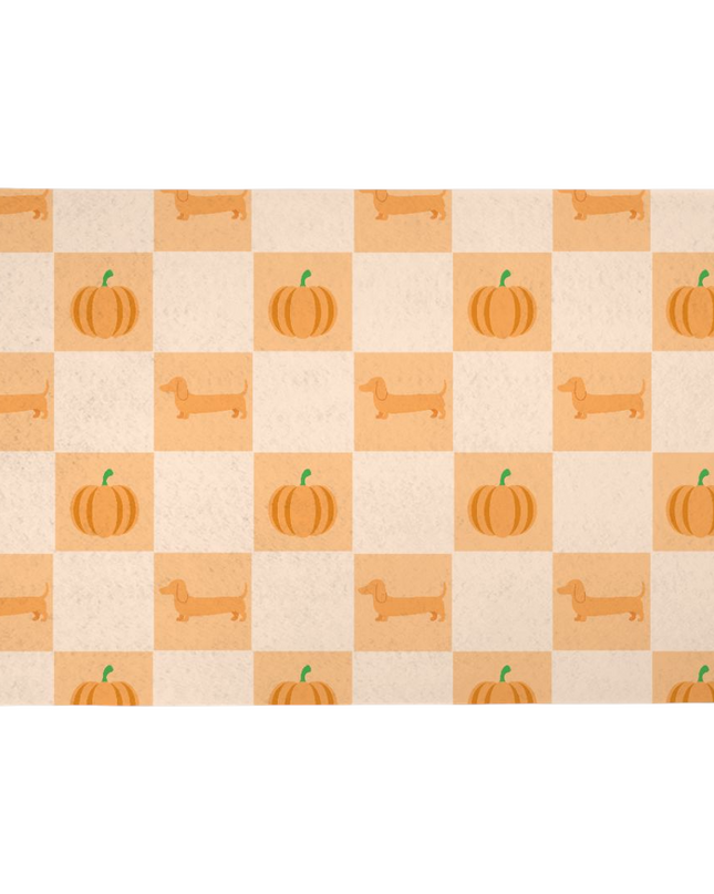 Dachshund feeding mat with playful sausage dogs balancing pumpkins, autumn ween dog lover gift