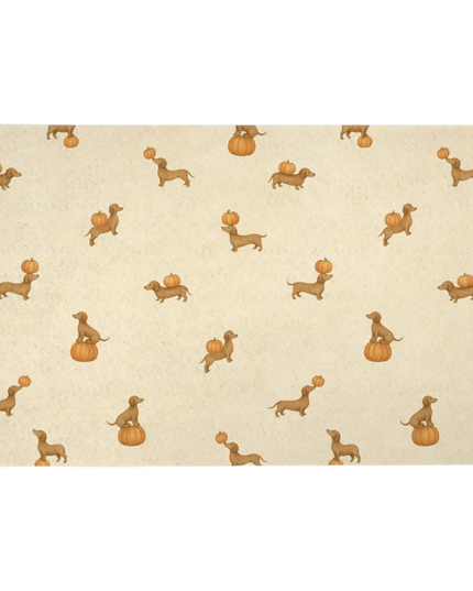 Dachshund feeding mat with playful sausage dogs balancing pumpkins, autumn ween dog lover gift