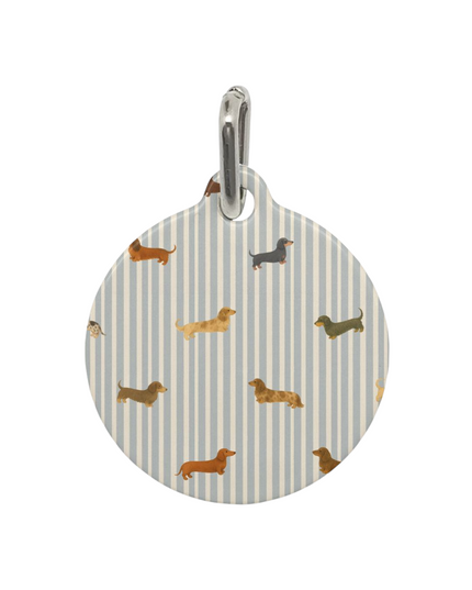 Dachshund dog tag with mini dachshund and dapple dachshund on coastal blue stripe background