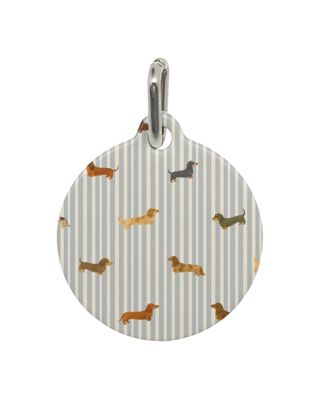 Dachshund dog tag with mini dachshund and dapple dachshund on coastal blue stripe background