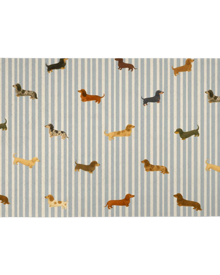 Dachshund feeding mat with mini dachshund and dapple dachshund on coastal blue stripe background